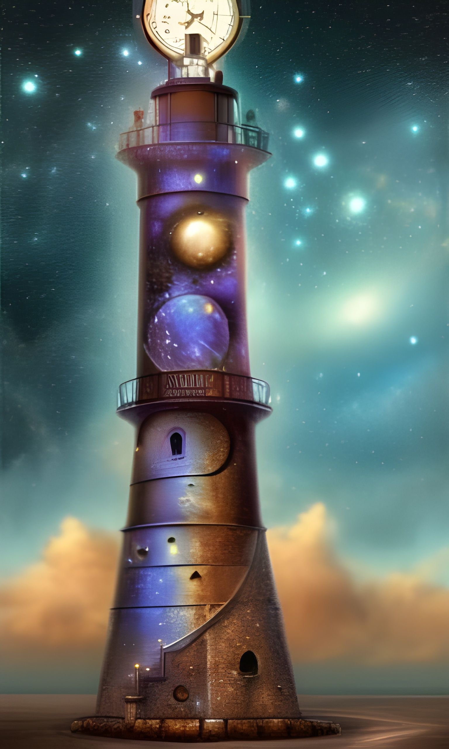 Steampunk Lighthouse Against Cosmic Galaxy, Holographic Illu...