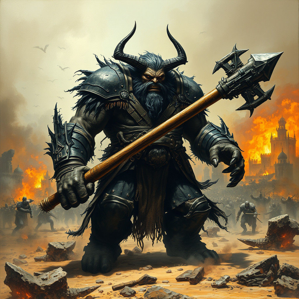 Gigantic Demon Ogre in Chaotic War Landscape