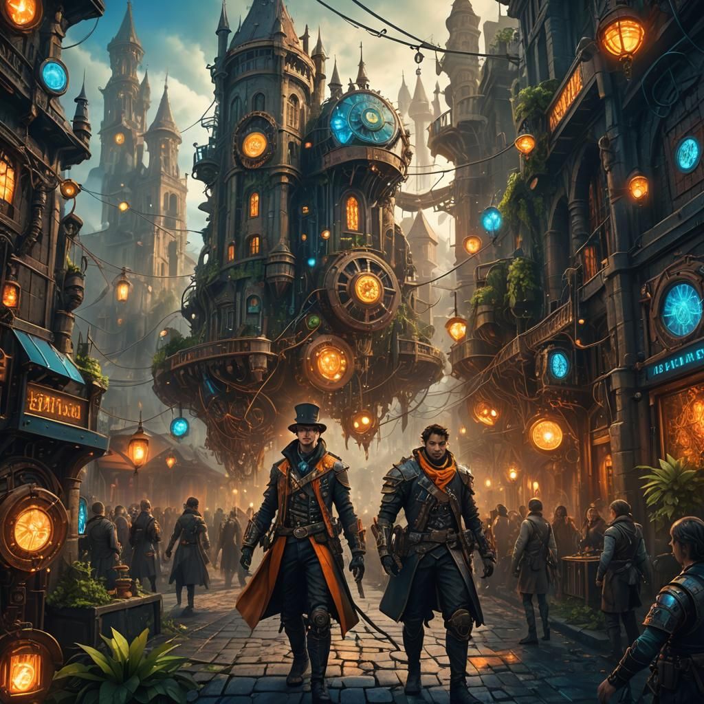 Steampunk Gadgets in Mystical Medieval City, Fantasy Art