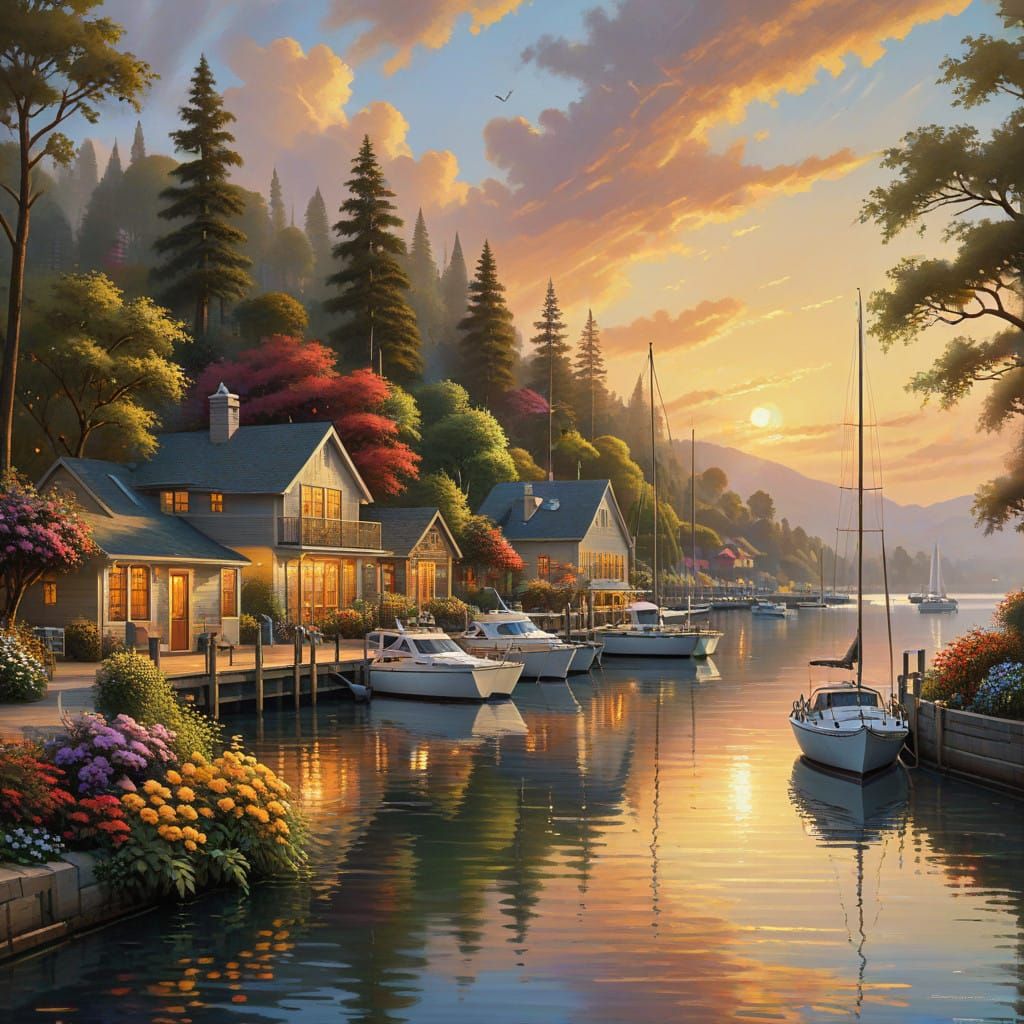 Idyllic Impressionist Marina Scene at Sunset