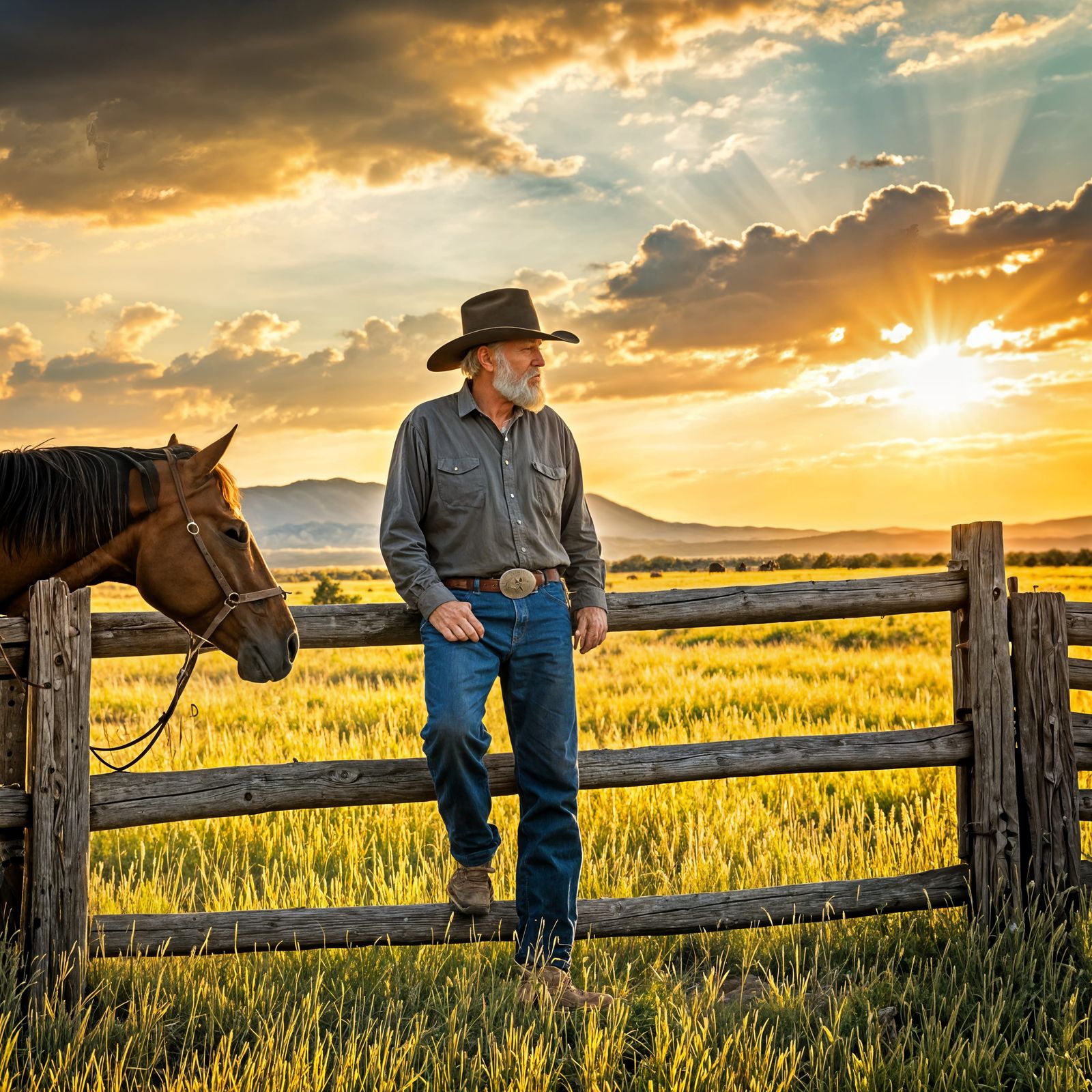 Cowboy Leaning on Fence at Sunset