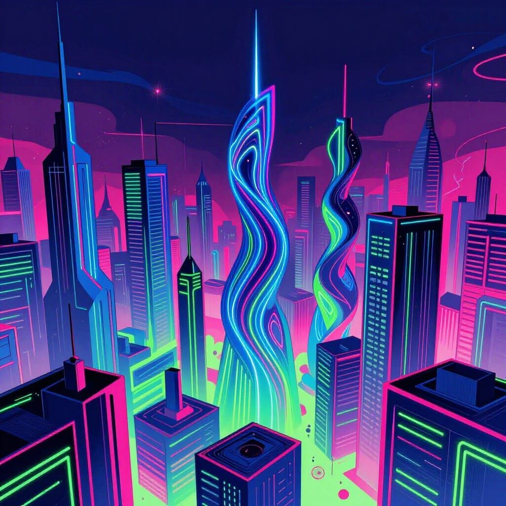 Surreal Neon Cityscape in Vibrant Geometric Style