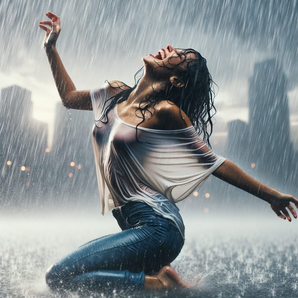 Joyful Woman Dancing in City Rain at Twilight