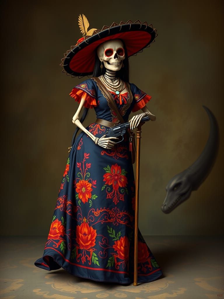 Catrina Skeleton in Ornate Dress with Gangster Style