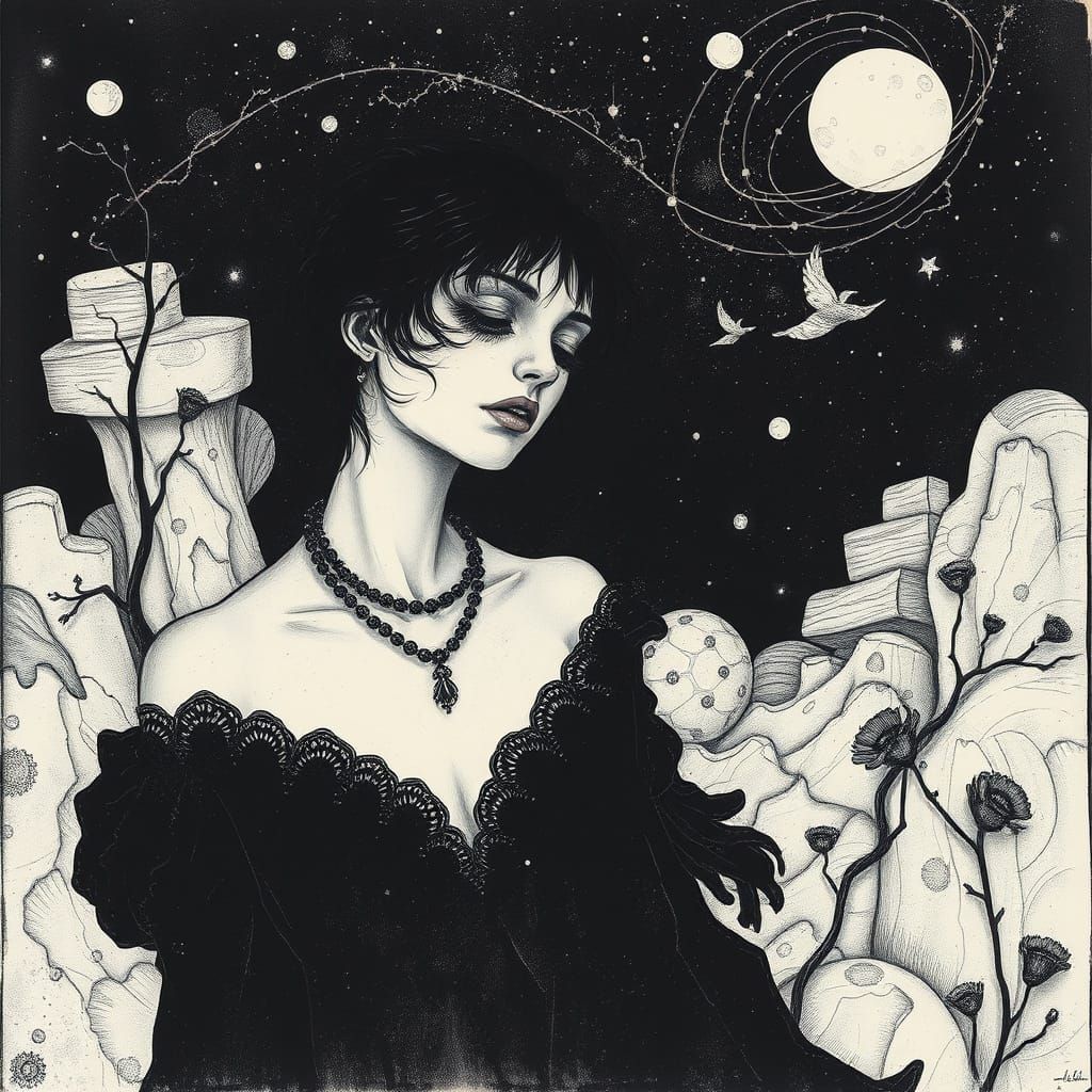 Dreamlike Goddess in Celestial Black and White Etching