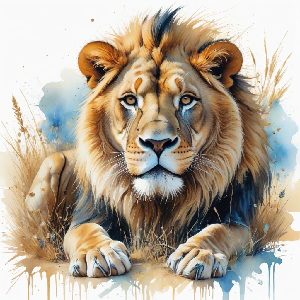 Savannah Landscape with Regal Lion in Watercolour Style