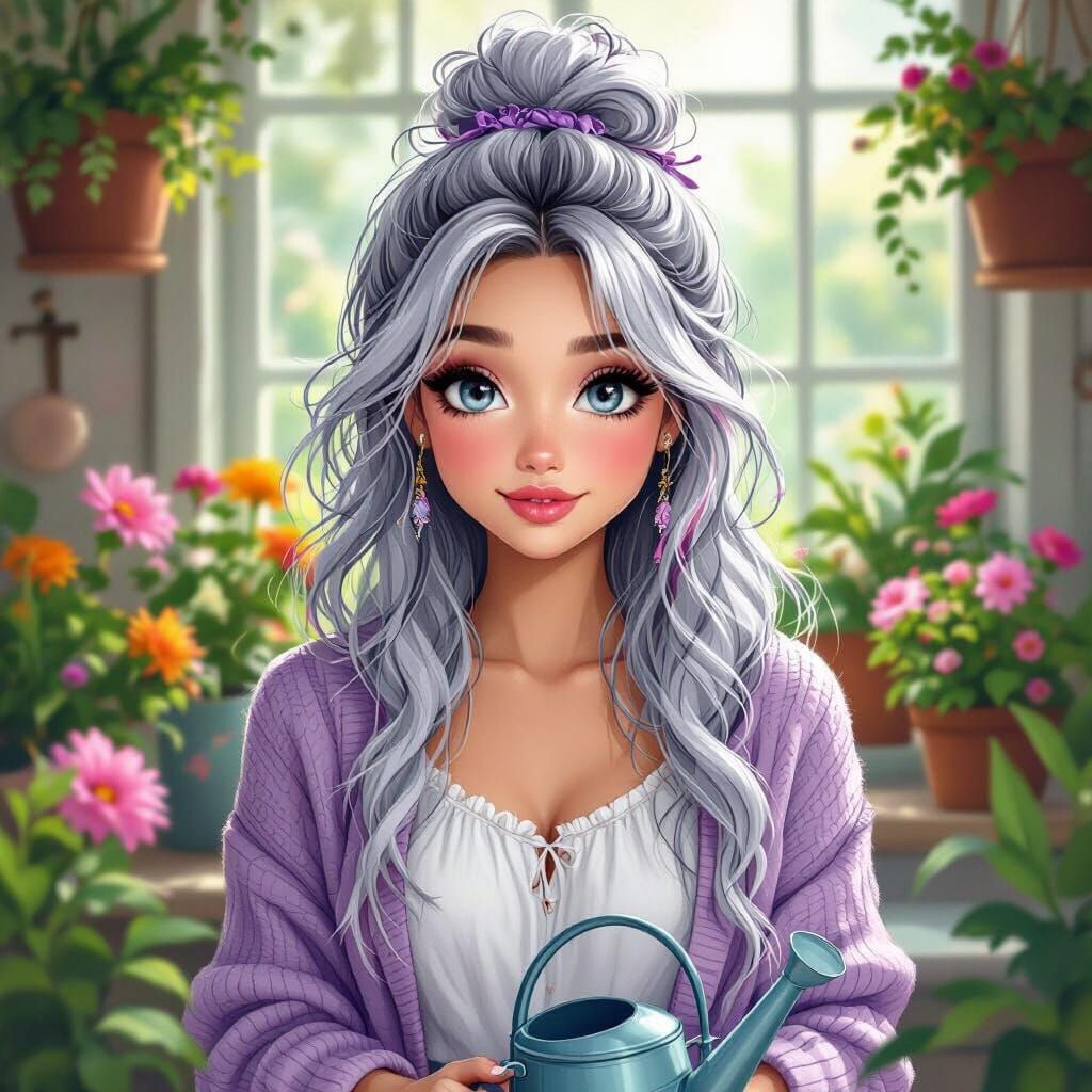 Whimsical Lady in Sunroom: Digital Art