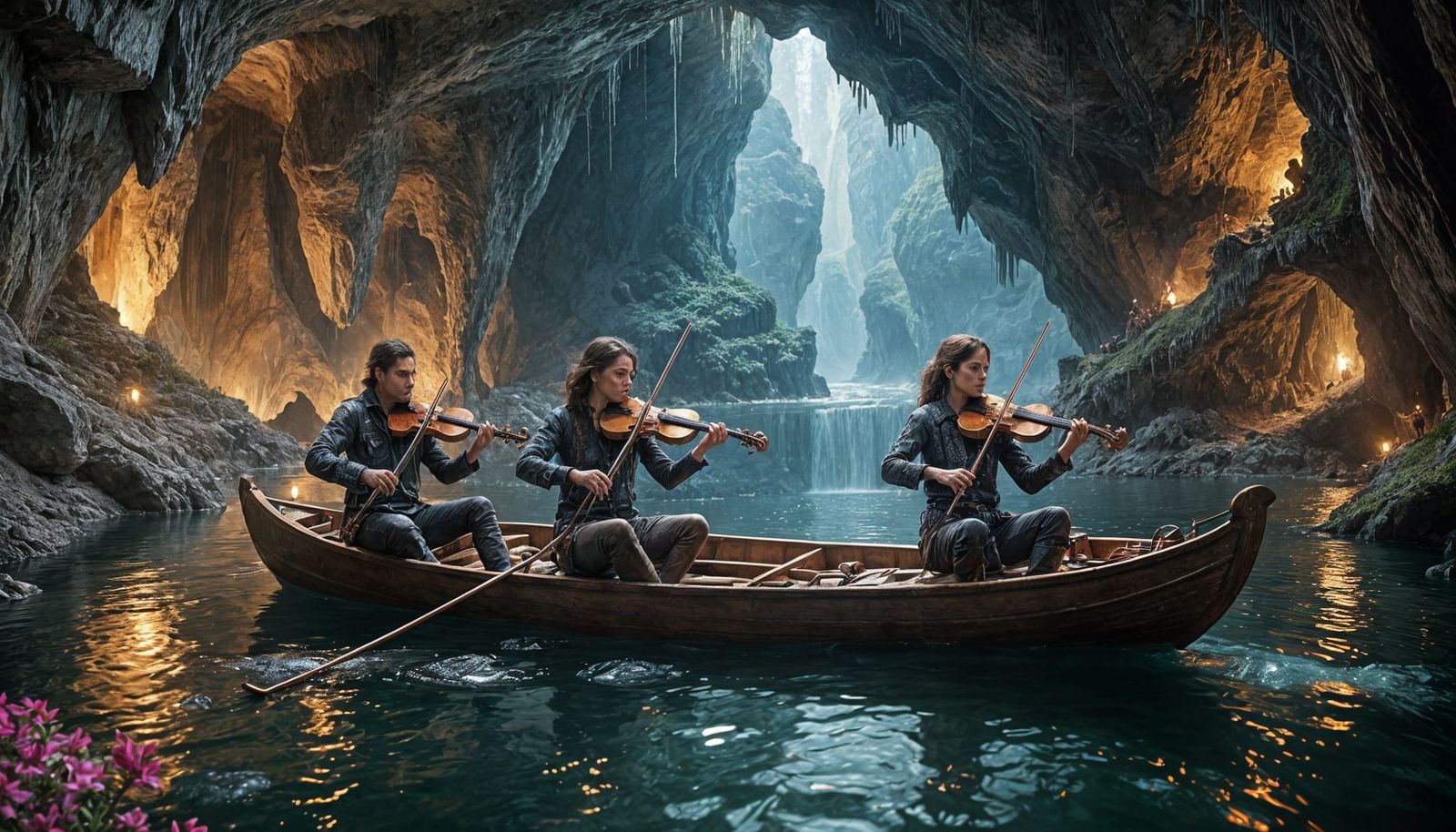 Spectacular Cave Interior with Musicians, Hyperrealistic 8K