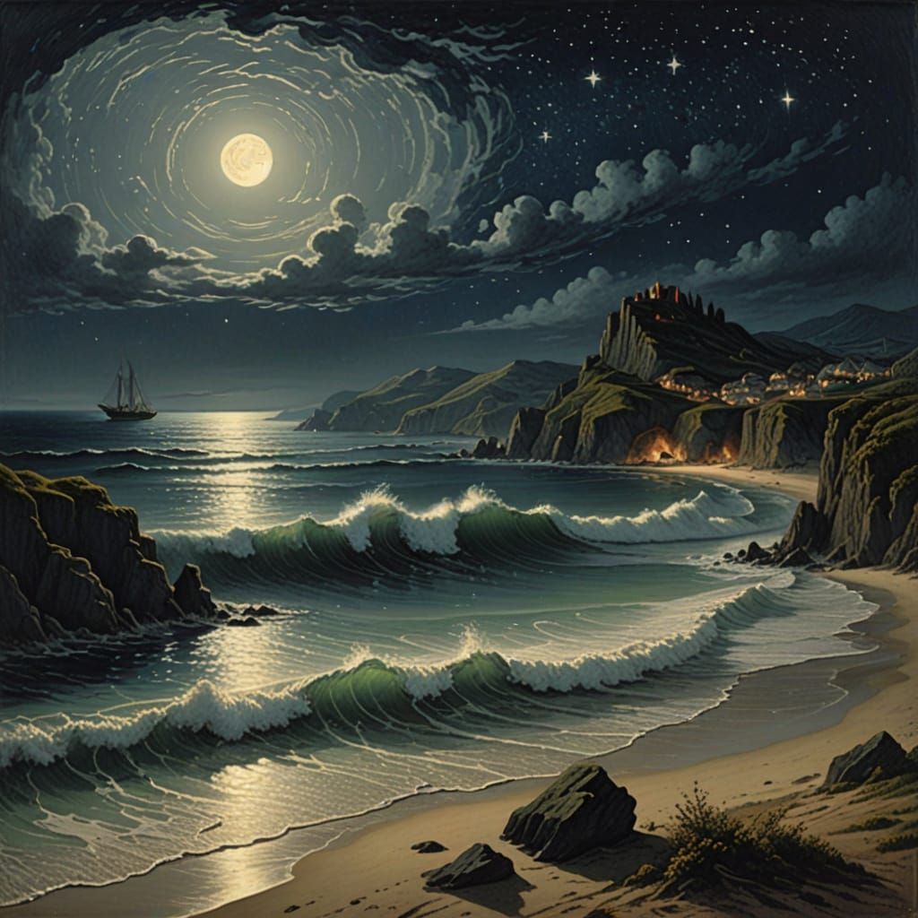 Fabulous Moonlit Beach Scene with Distant Fire