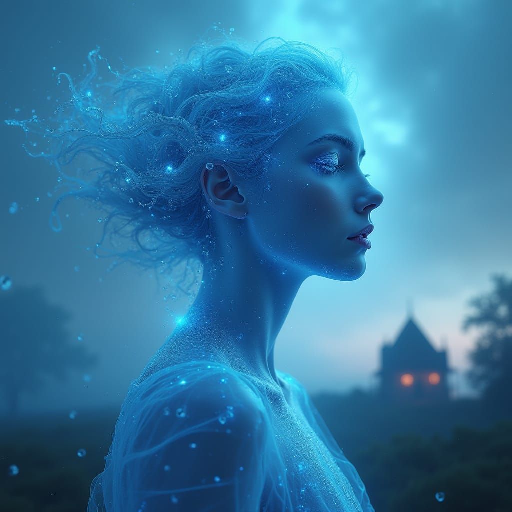 Ethereal Woman's Head in Dreamy Blue Landscape