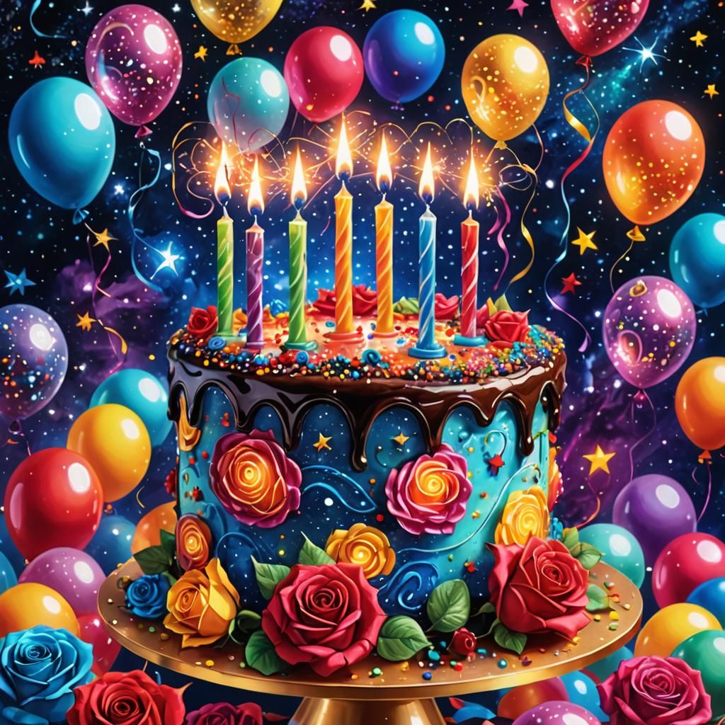 Cosmic Birthday Cake in Mixed Media Style