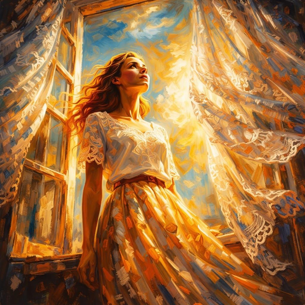 Woman in Window with Golden Light Oil Painting