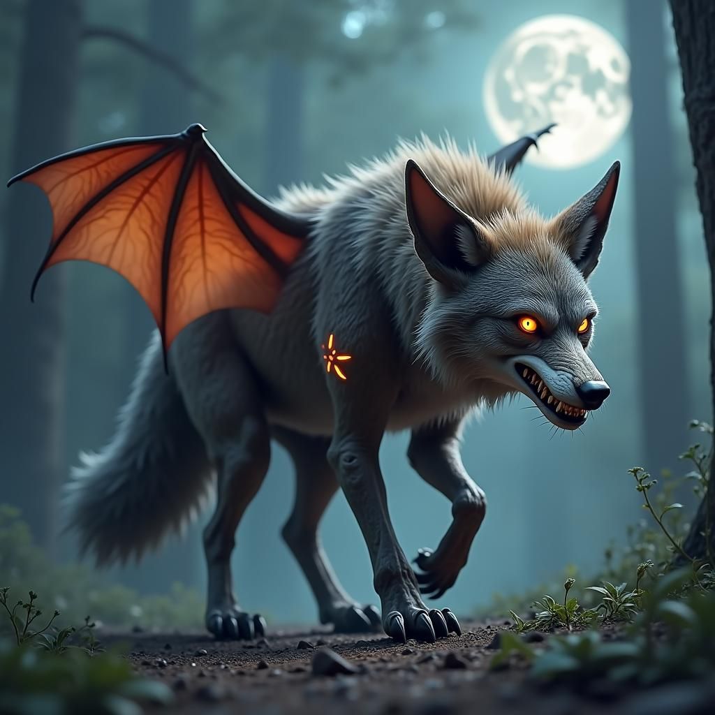 Terrifying Wolf-Bat Hybrid Creature in Gothic Horror Scene