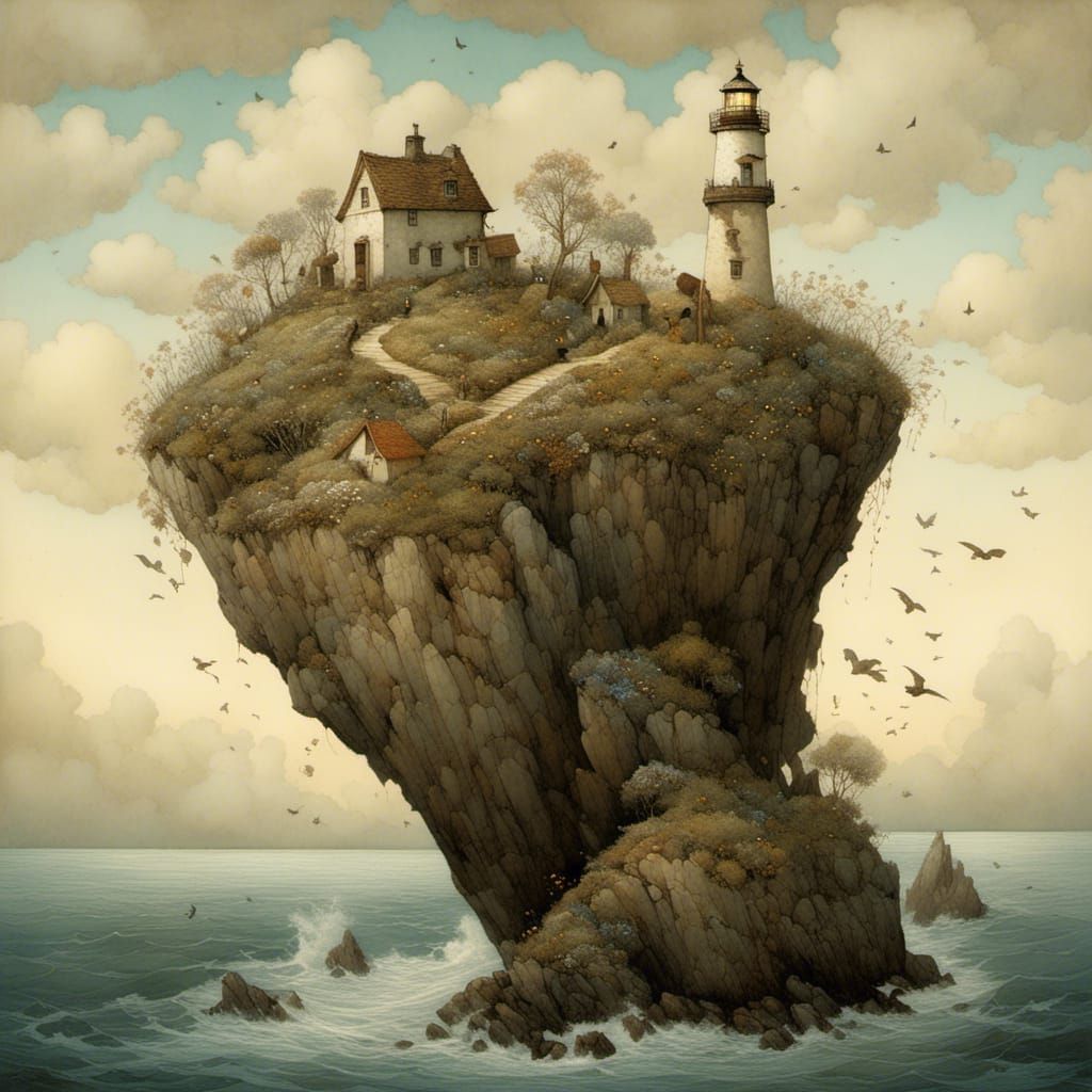 Lighthouse on Flowering Cliff in Whimsical Style
