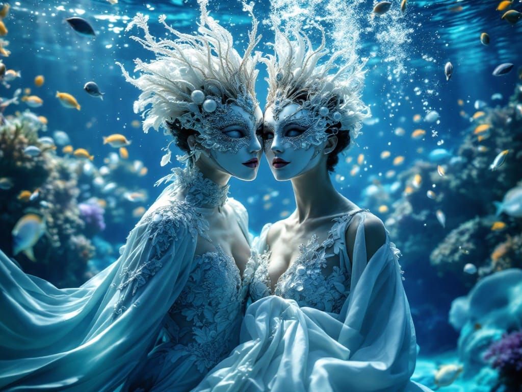 A surreal underwater masquerade titled "Maskenball unter Wasser," featuring elegantly dressed figures in flowing evening...