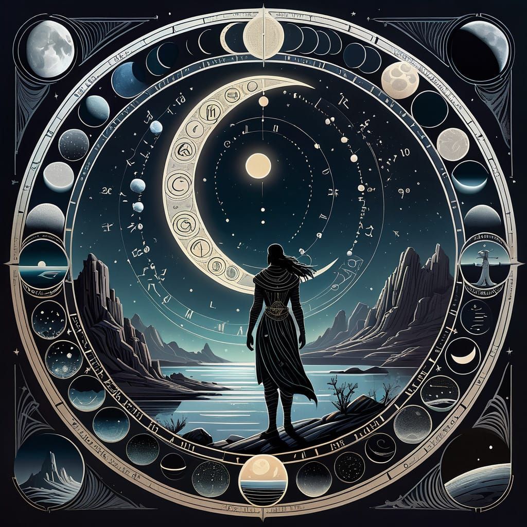 Lunar Cycle Calendar in Whimsical, Detailed Style