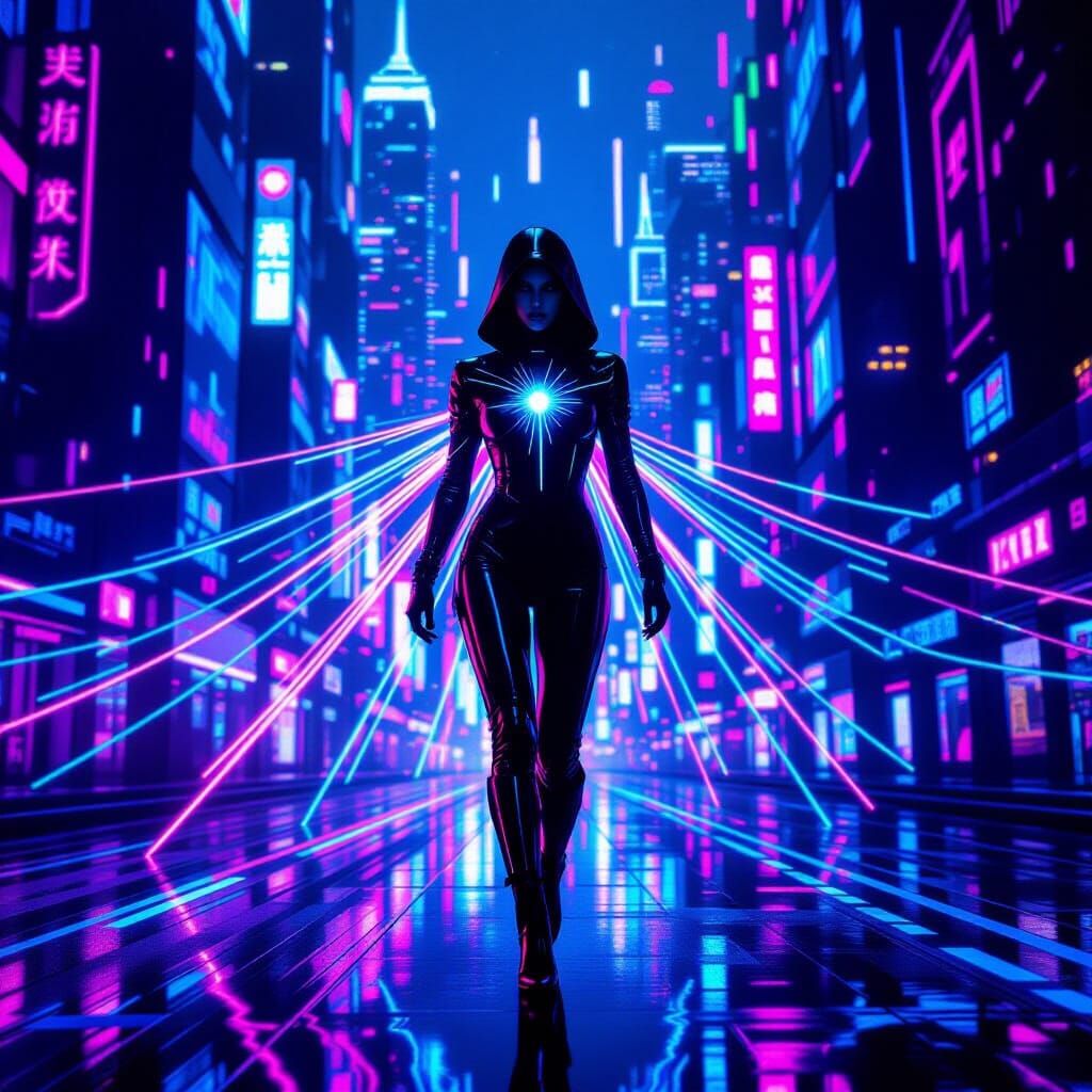Neon Cityscape Figure with Light Streams
