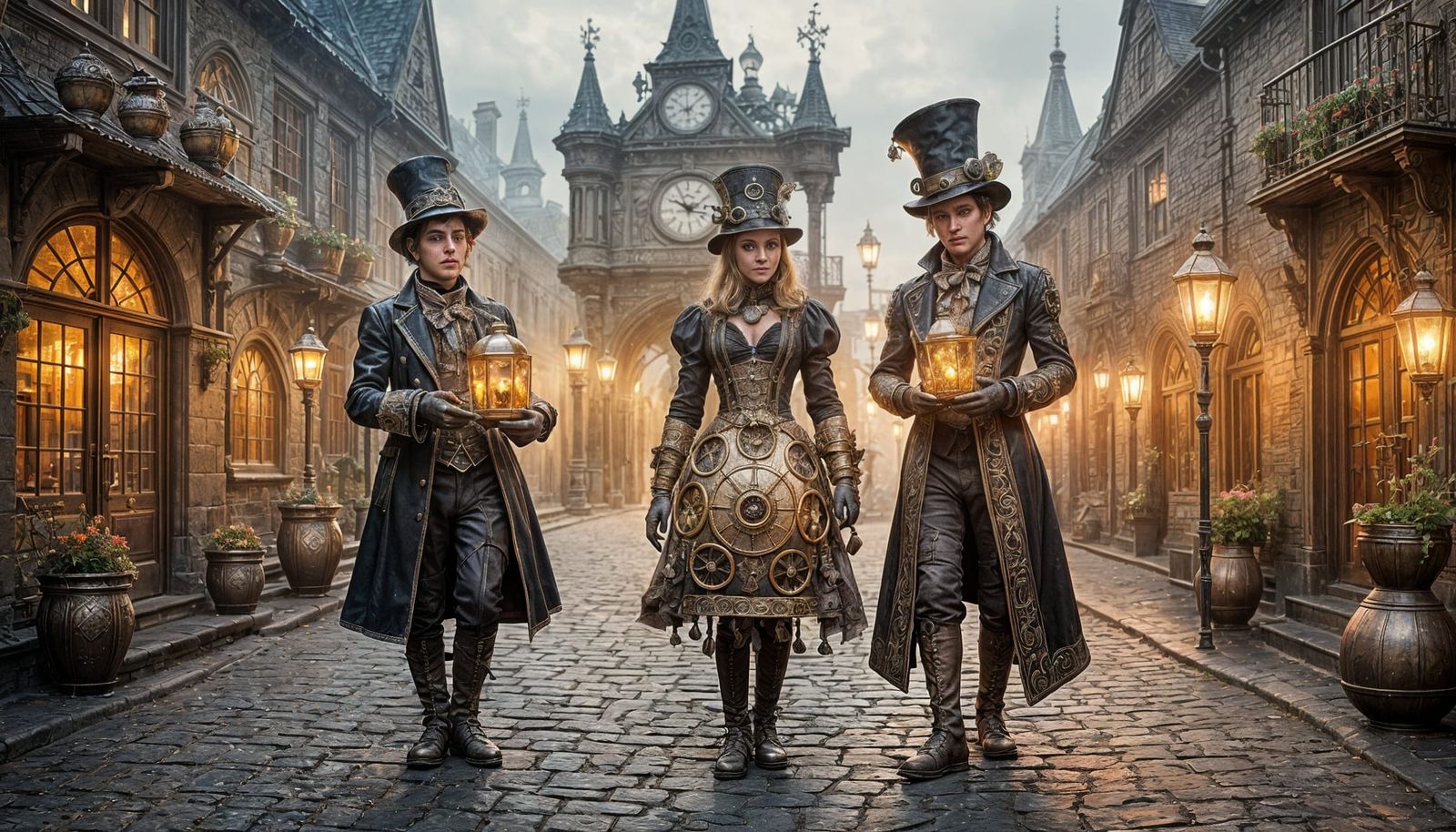 Whimsical Steampunk Courtyard Scene