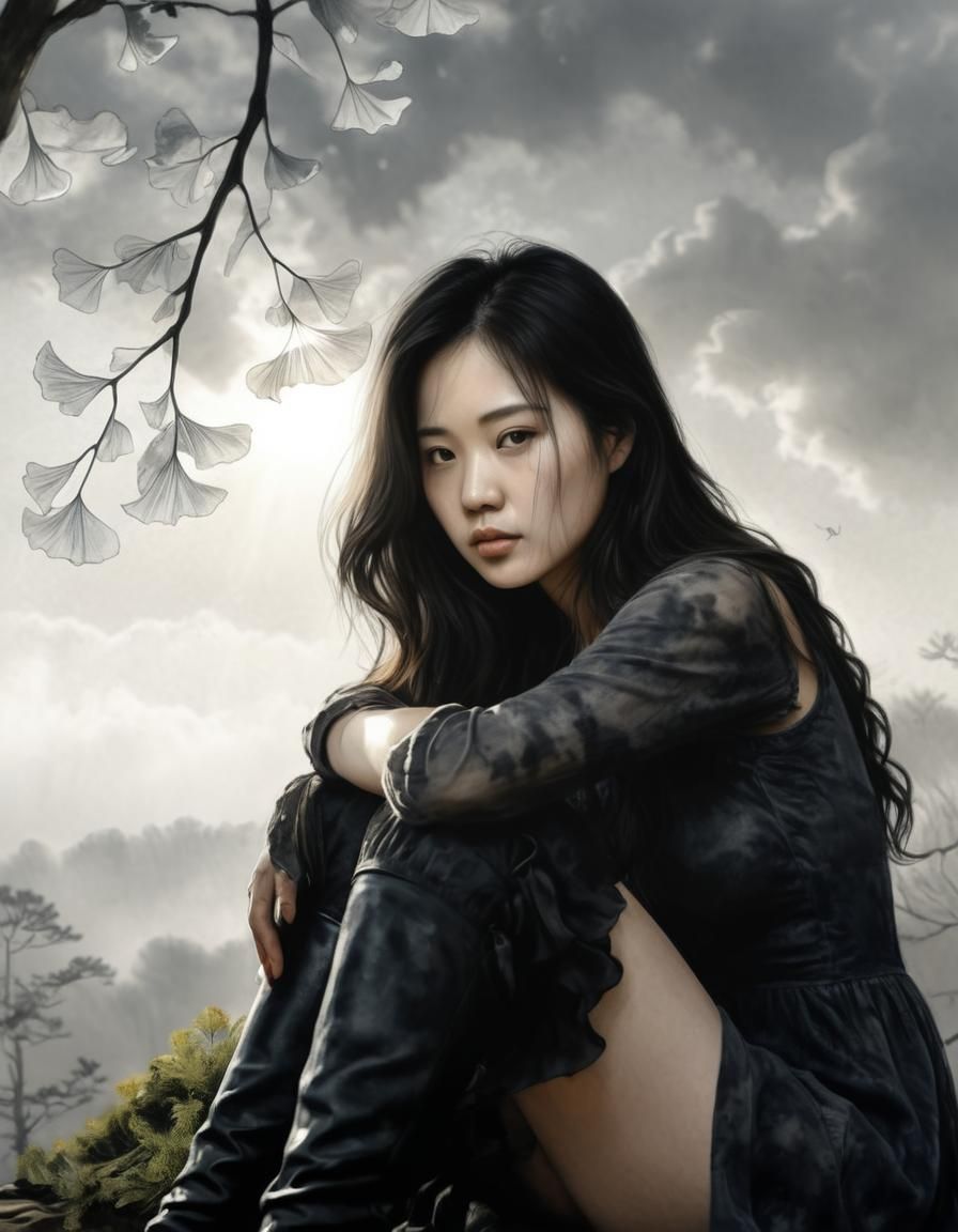 Surreal Watercolor Silhouette: Korean Woman Under Ginkgo