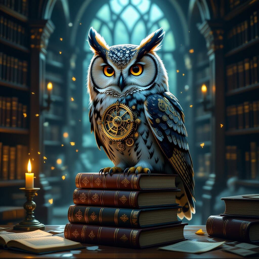 Clockwork Owl on Books in Enchanted Library
