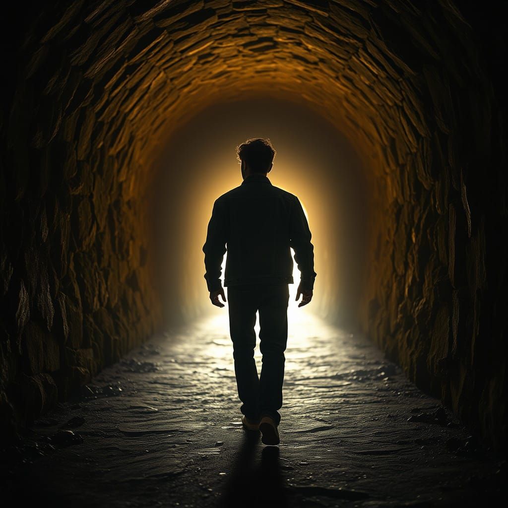 Hopeful Figure Embracing Golden Light at Tunnel Exit