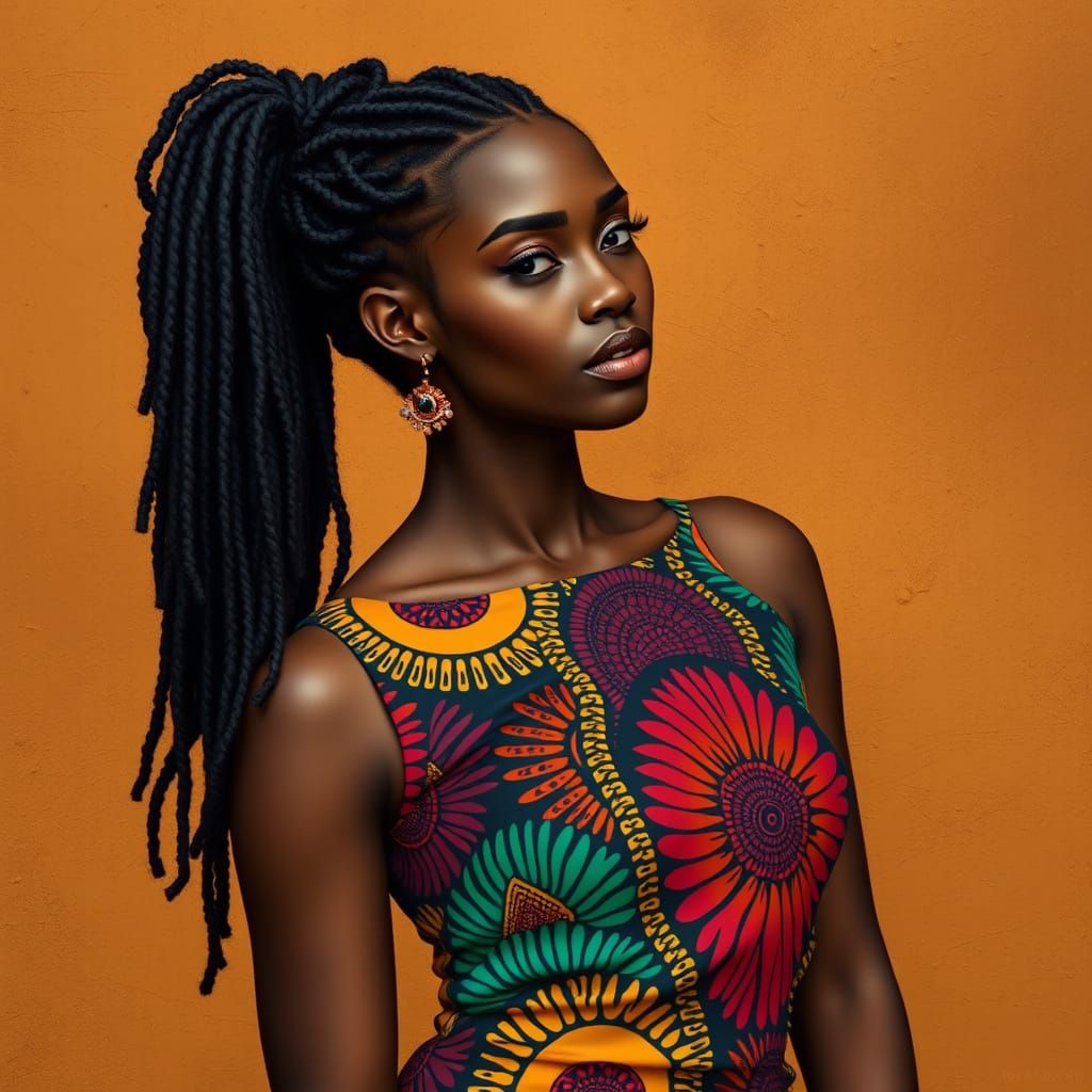 Stylized Woman with Box Braids in Vibrant African Print Dres...