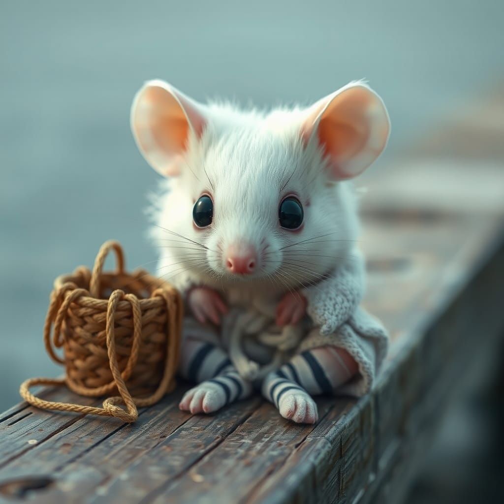Baby Mouse Fisherman on Pier, Whimsical Fantasy Art