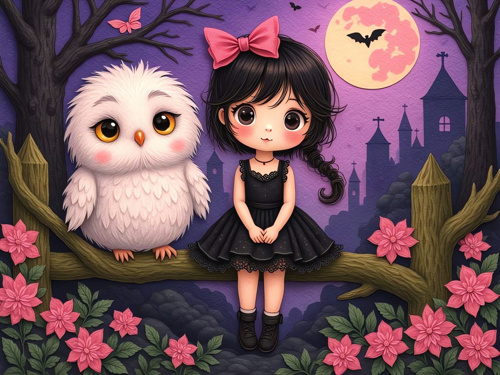 Gothic Kawaii Girl and Owl in Moonlit Forest