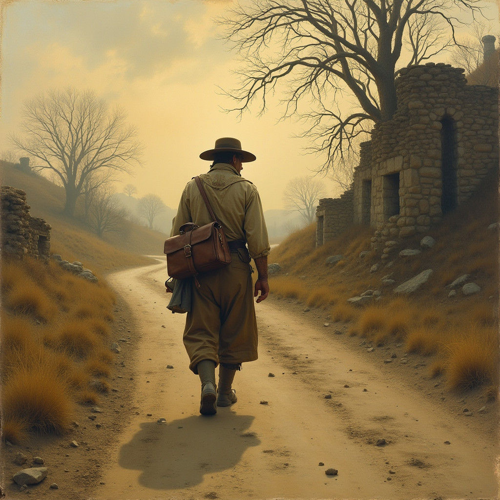 Weary Traveler on a Desolate Road at Sunset