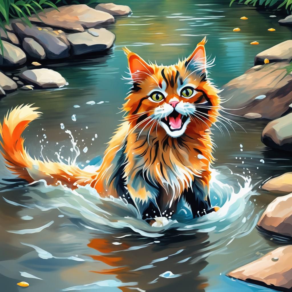 Scared Orange Cat Falls: Post-Impressionism Acrylic Art