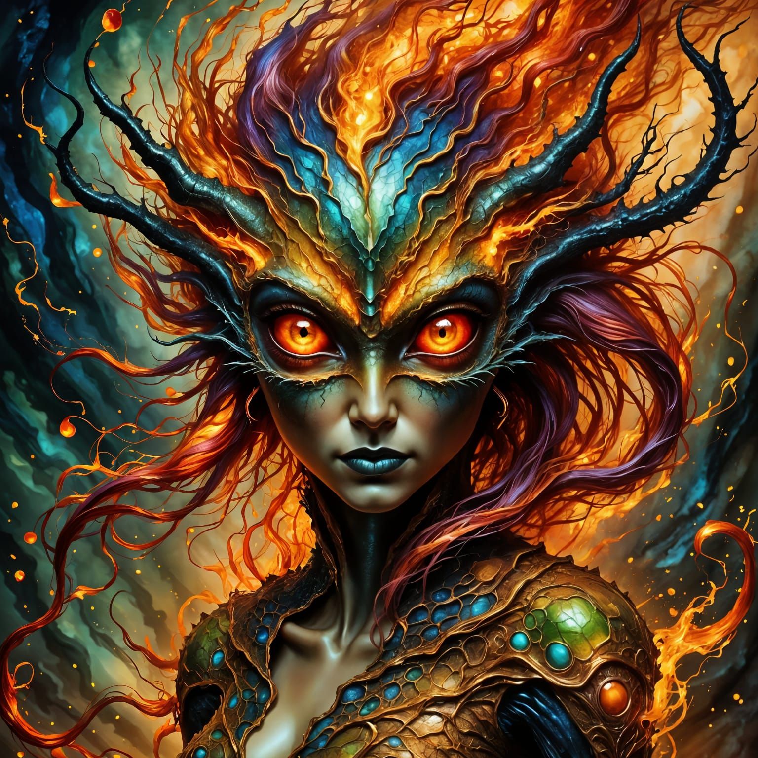Mysterious Alien Goddess with Fiery Eyes and Scales