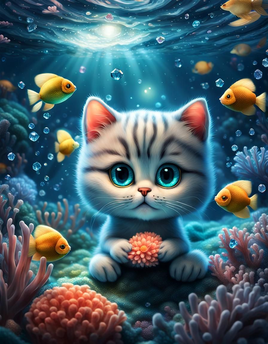 Cute Kitten Underwater in Hyperrealistic Digital Art