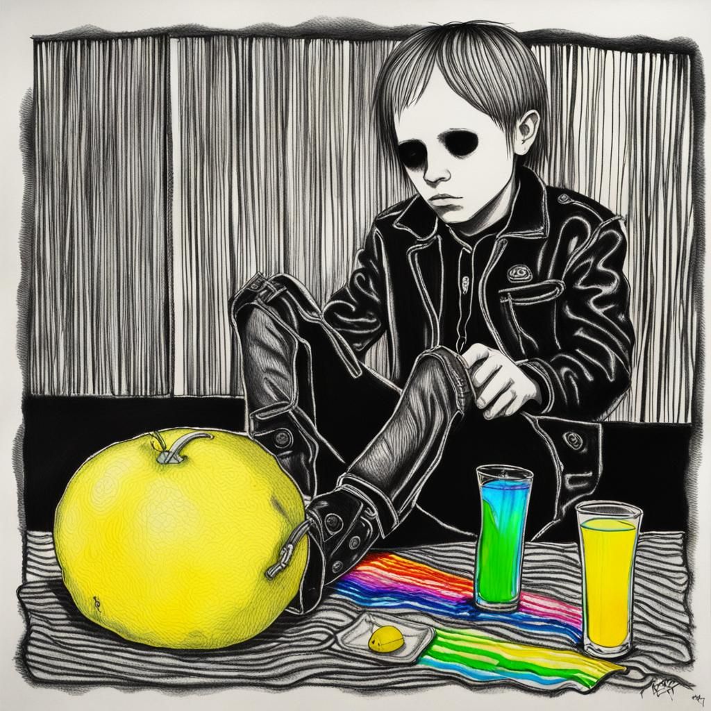 Gloomy Goth Teenager Drinking Lemonade in Surreal Crayon Art