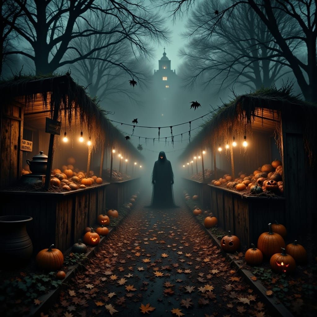 Haunted Autumn Market in Foggy Woods