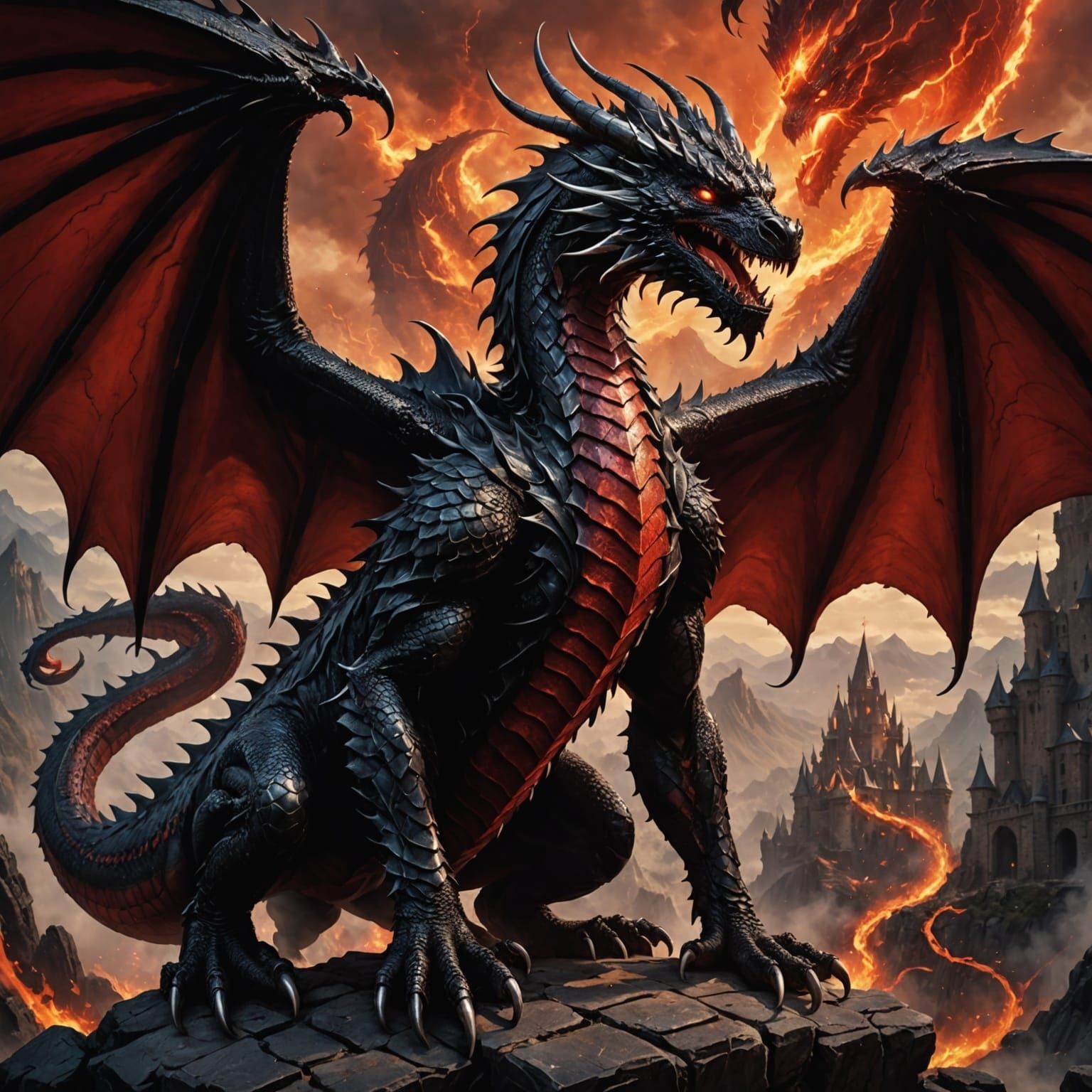 Regal Dragon in Rich Blood-Red and Obsidian Black Scales