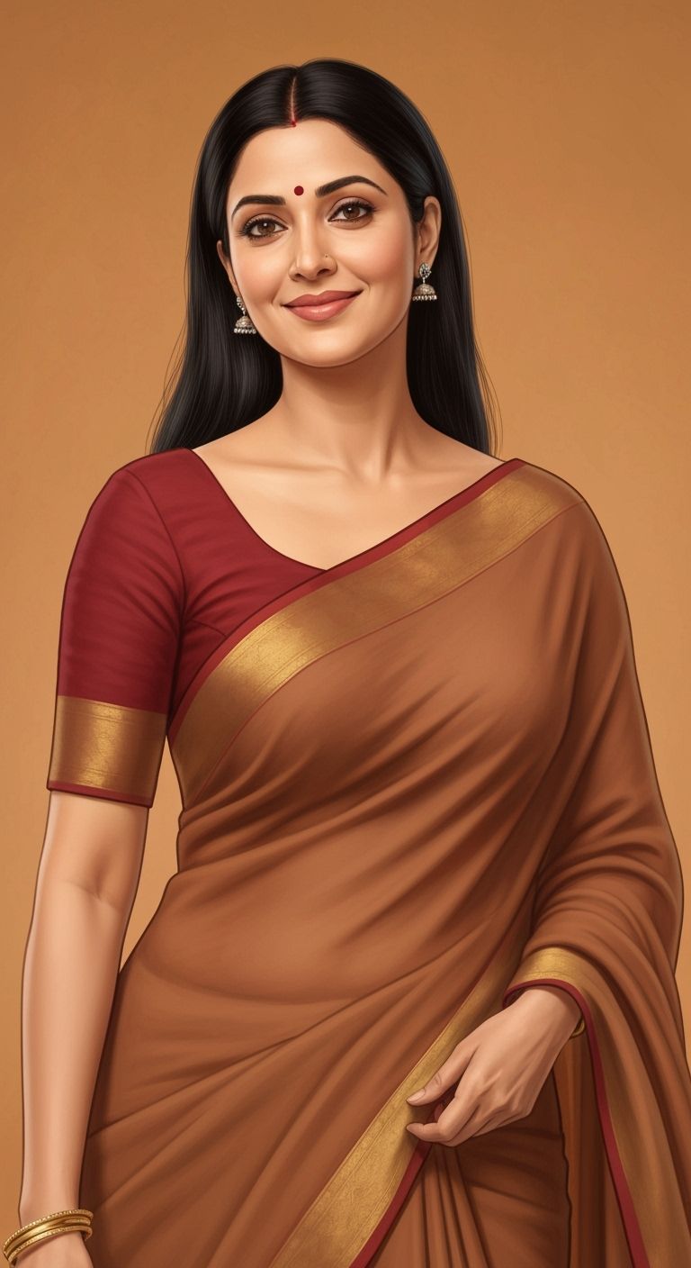 Elegant Indian Mother in Modest Saree - Disney Style Portrai...