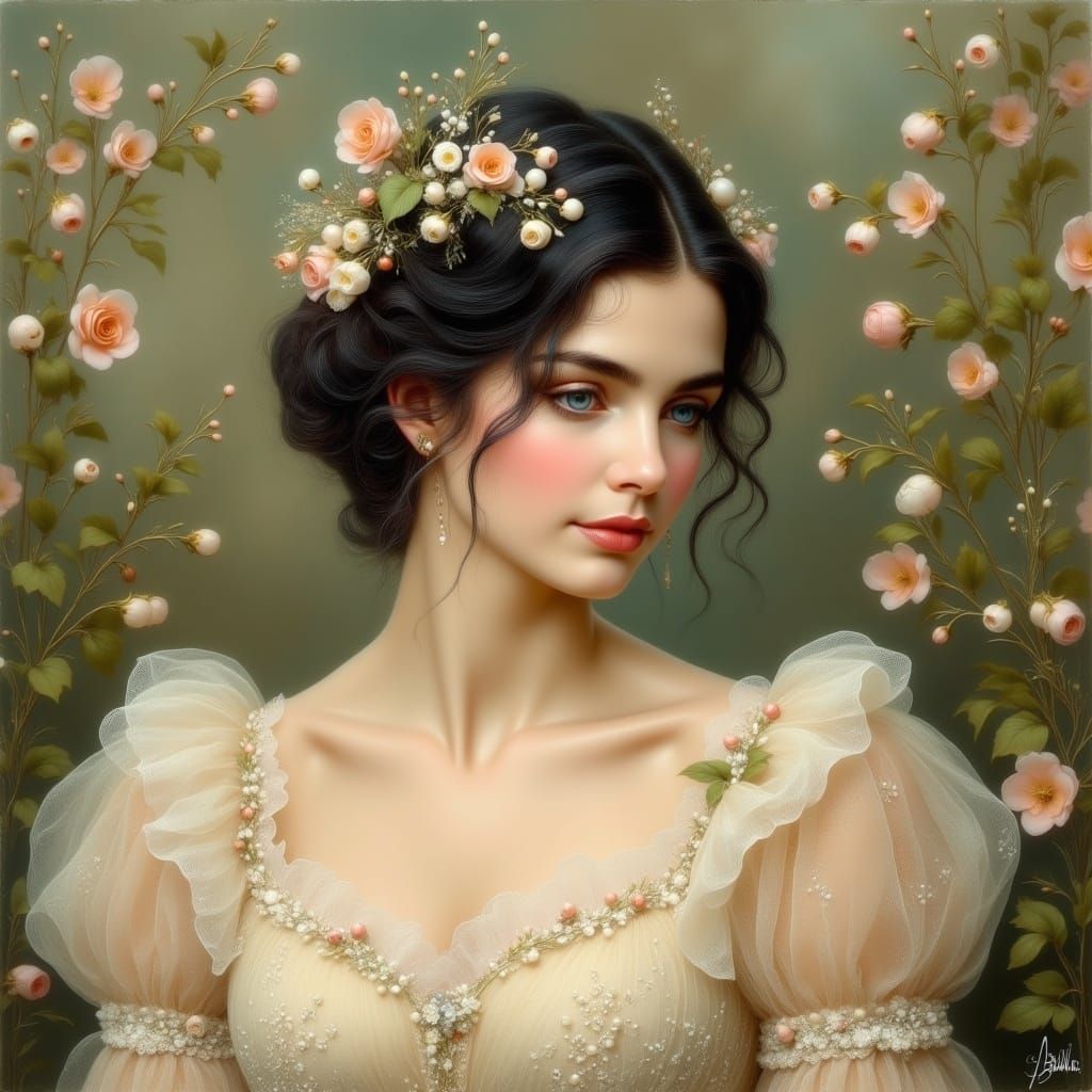 A Refined Lady in a Cream-Coloured Ruffled Gown in the Style...