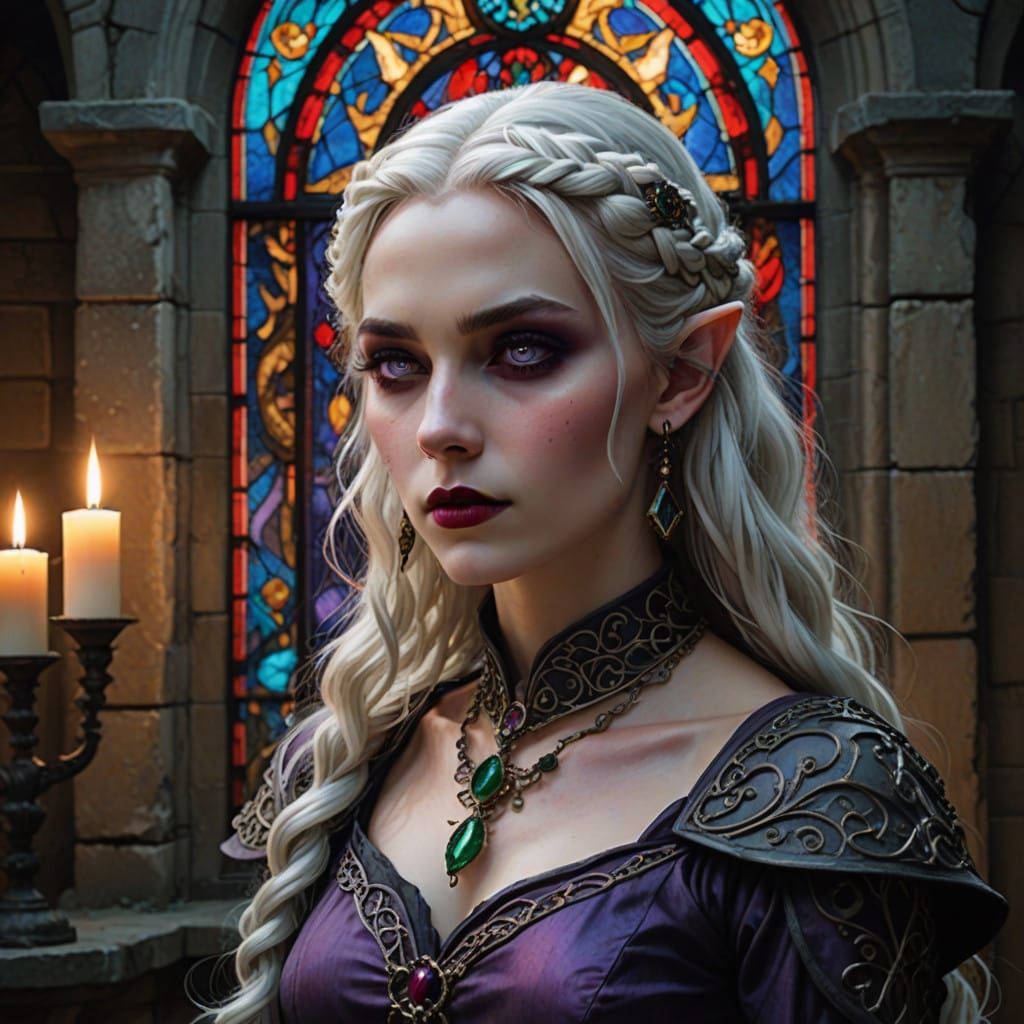 Gothic Elf Vampire in Moonlit Church