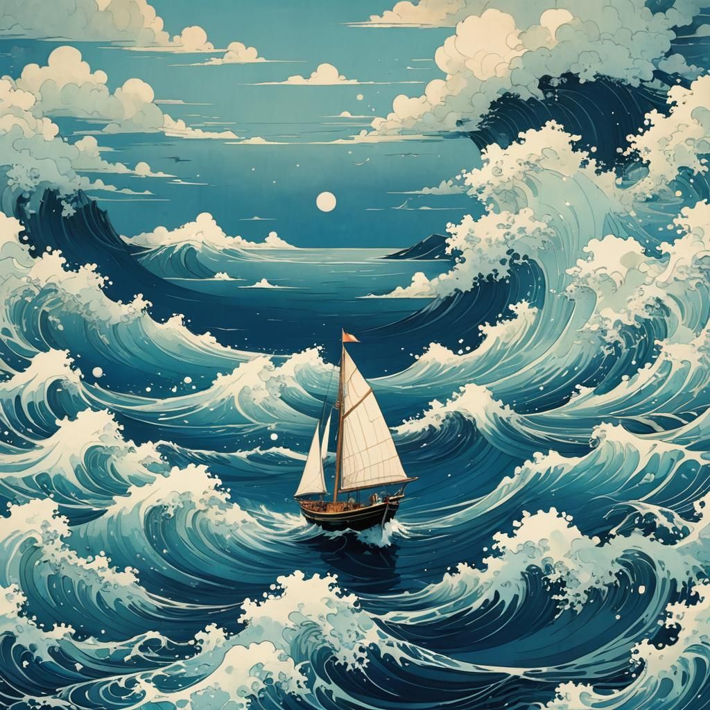 Sailing Boat in Vast Ocean: Cel-Shaded Japanese Art