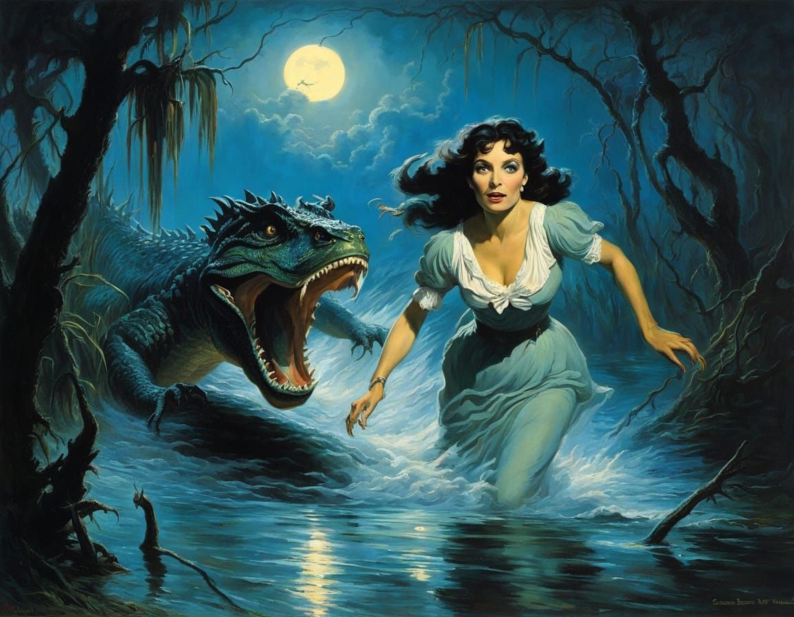 Woman Fleeing Lizard Monster in Ominous Swamp