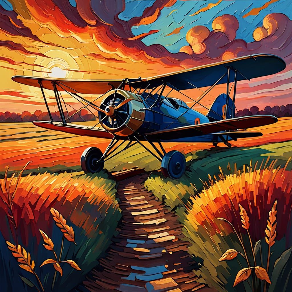Biplane Soars Over Golden Fields in Fiery Autumn Sunset