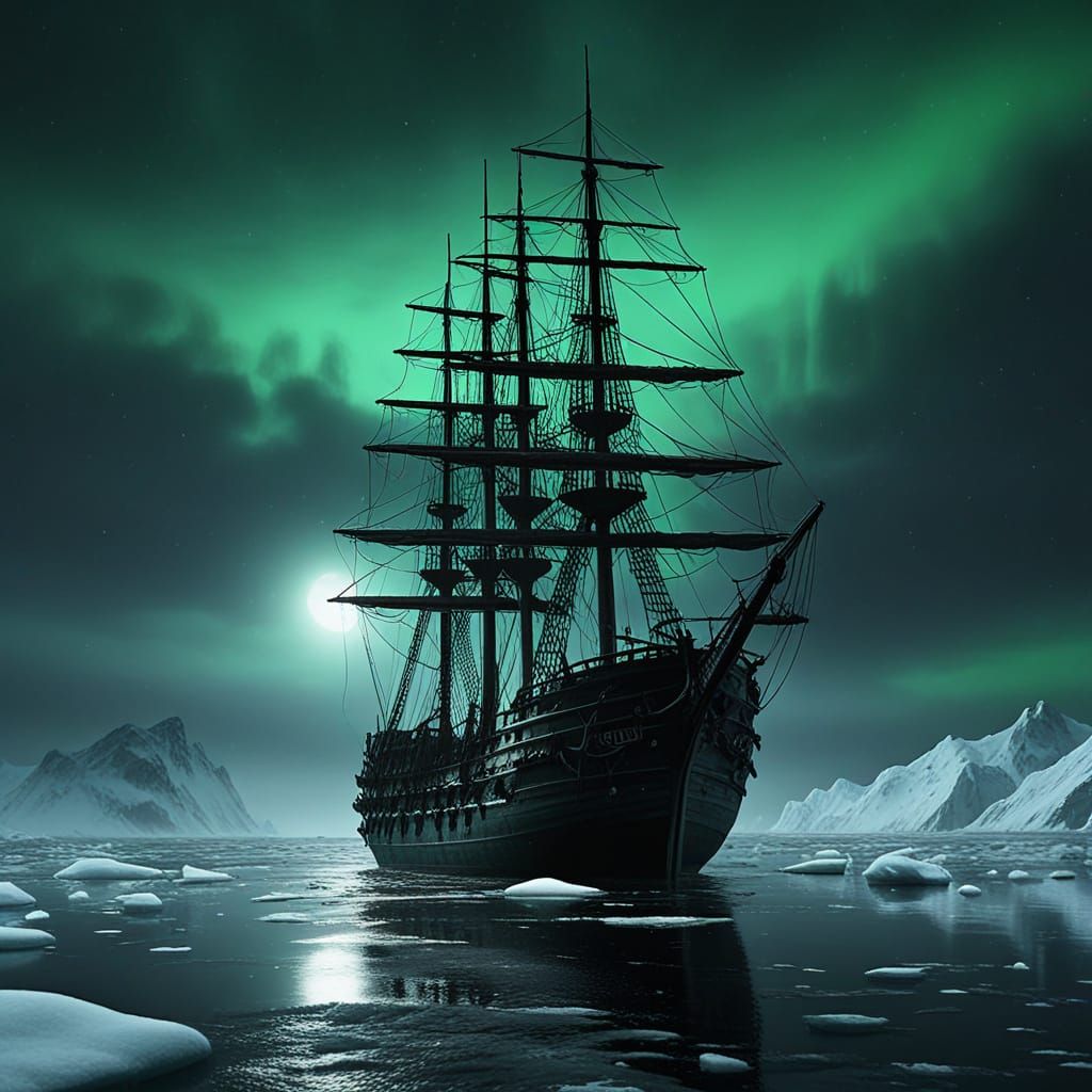 Frozen Ghost Ship in Arctic Under Black Moon