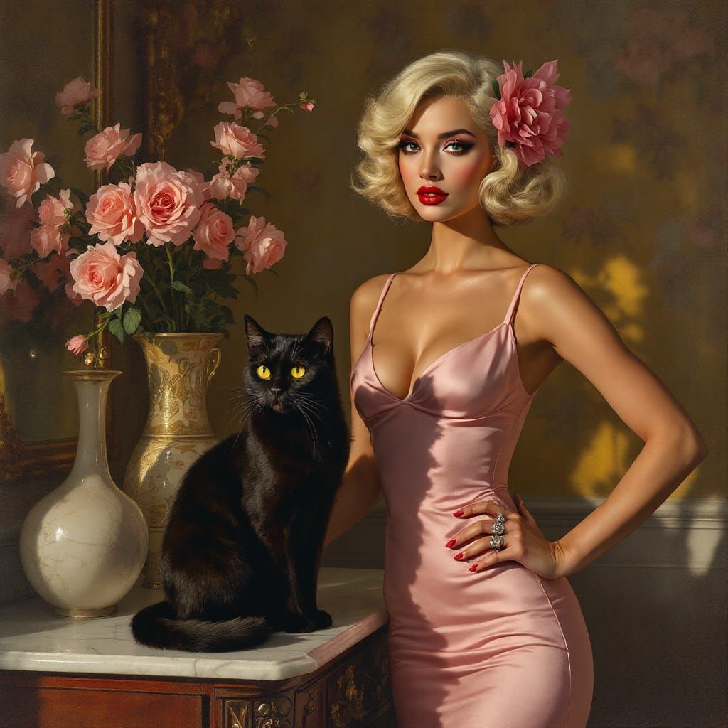 Old Hollywood Glamour: Woman and Black Cat in Vintage Bedroo...