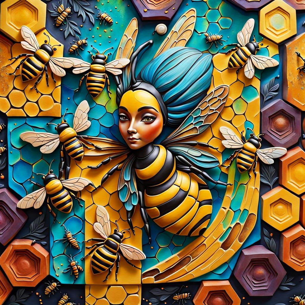 Hand-painted plaster background, vibrant embossed relief of a Queen bee in a hive of bees with  fairycore style cosmetic...