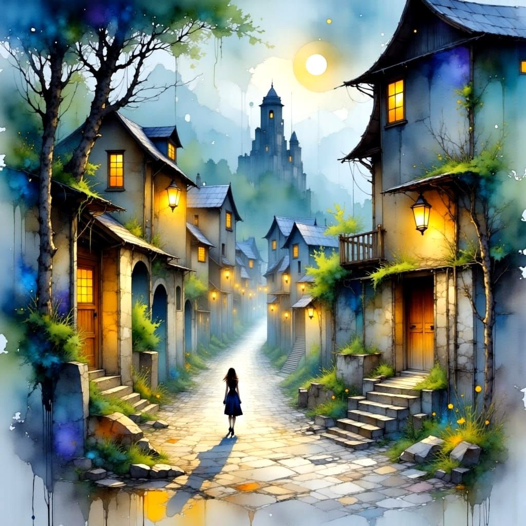 Whimsical Village Under Rainy Night Skies