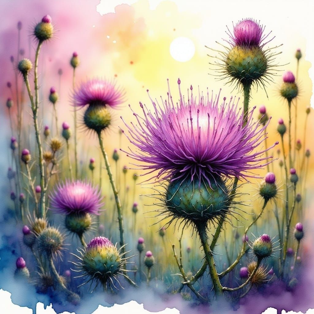Whimsical Scottish Thistle Blooms in Lush Heather Moor