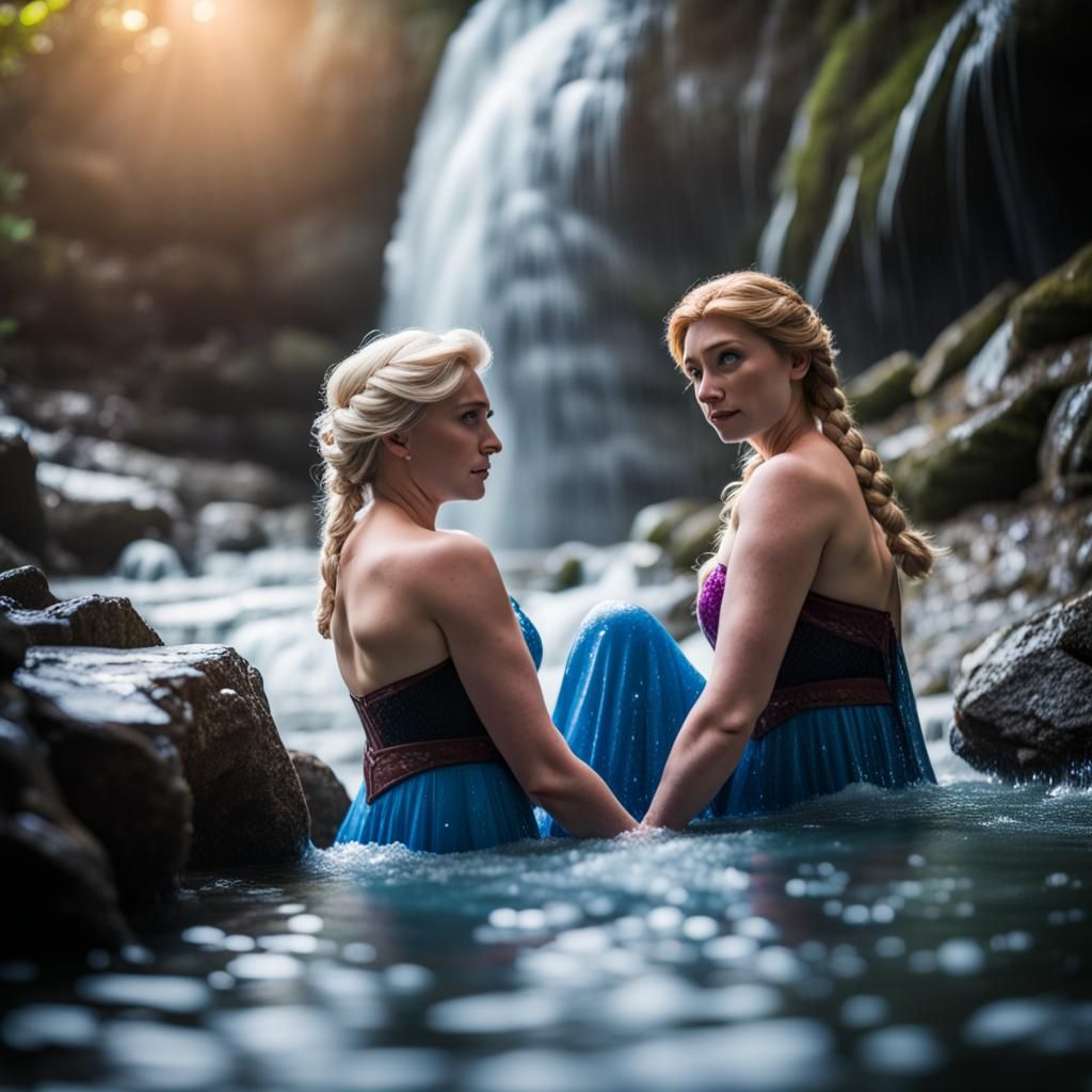 Elsa and Anna from Frozen (real women) bathing under a waterfall. Professional photography, bokeh, natural lighting, can...