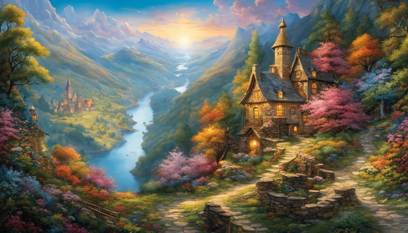 Cliffside Village in Space, Fantasycore Digital Art