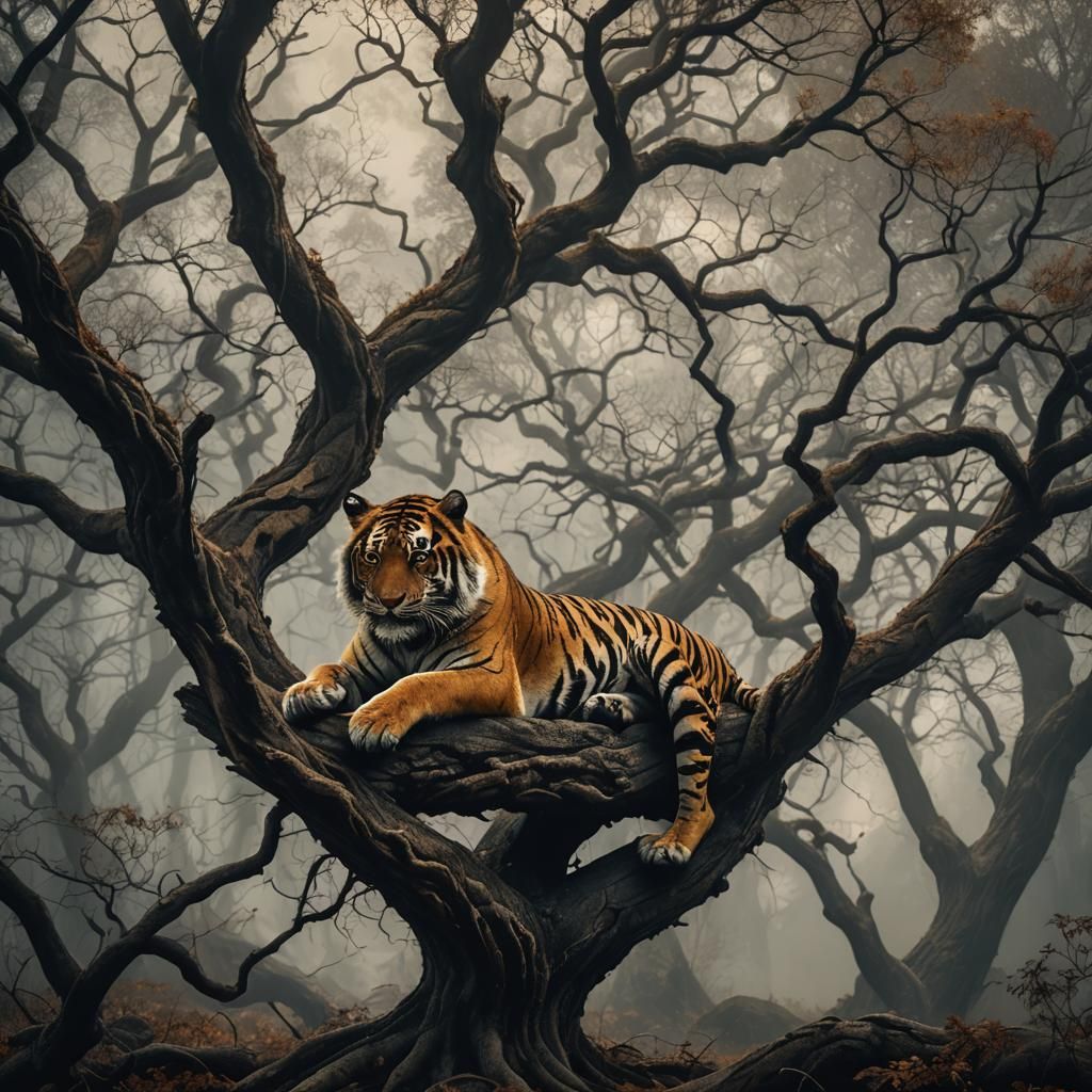Tiger in Misty Forest on Bare Tree