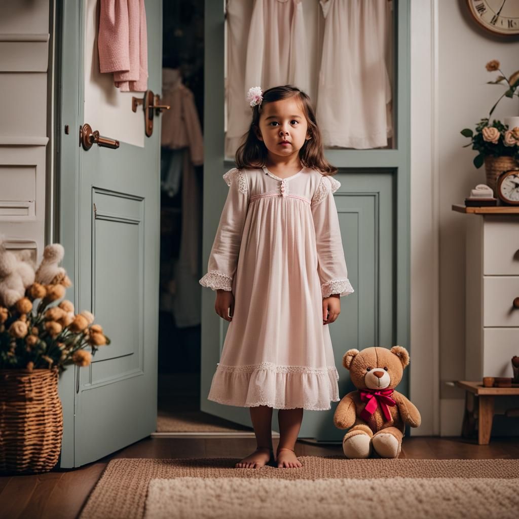 Sleepy Girl with Teddy Bear at Doorway
